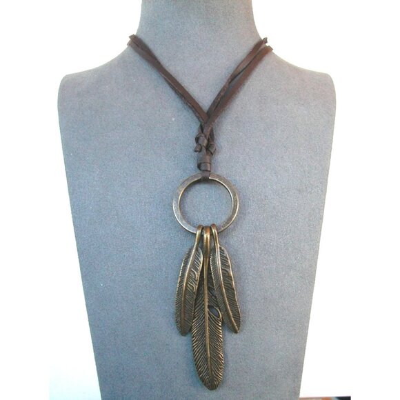 Antique Bronze Feather Necklace & Earrings Set With Chain Bracelet - Picture 1 of 6